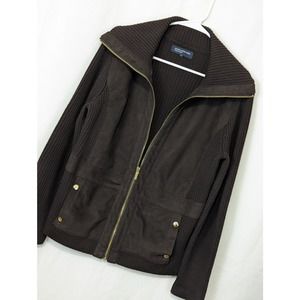 JONES NEW YORK SIGNATURE! MERINO WOOL! BROWN, FAUX SUEDE, ZIP SWEATER! SZ L